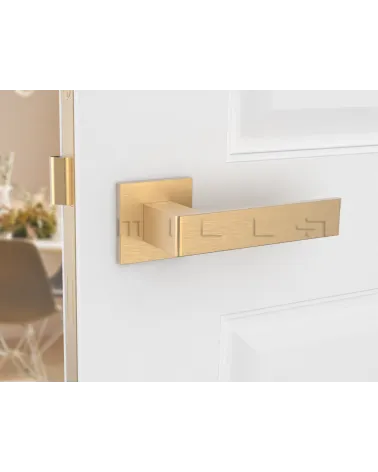 Matt gold Apollo door handle design handle front view mounted on a door