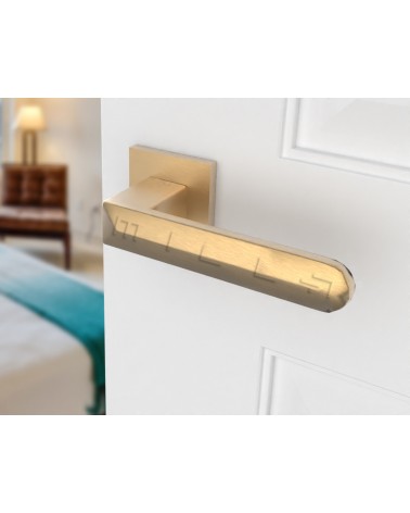 Matt gold BOHEMA door handle on a white door, right side view