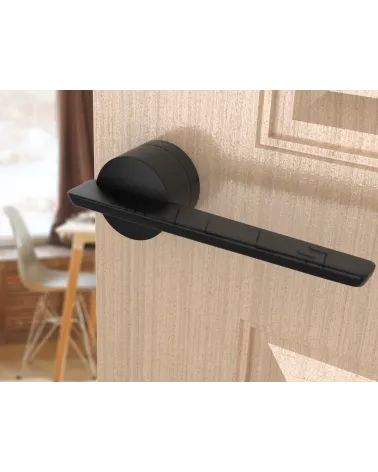 Futuristic JUMELLE design door handle angled view mounted on a door