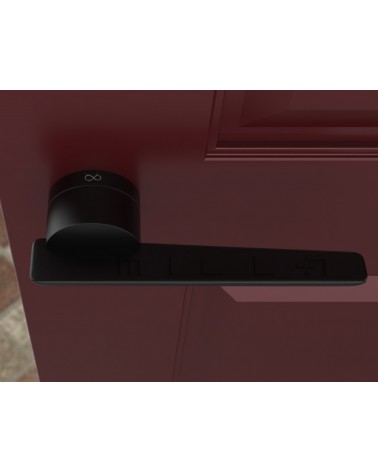 Black JUMELLE design door handle top view mounted on a door