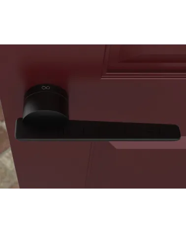 Futuristic JUMELLE design door handle top view mounted on a door
