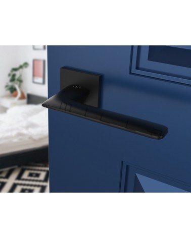 Black door handle line GIULIA design handle top angled view mounted on a door