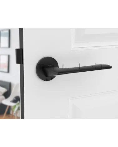 Black door handle Line GIULIA design handle front view mounted on a door