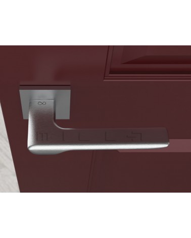 Brushed chrome LINE design door handle top view mounted on a door