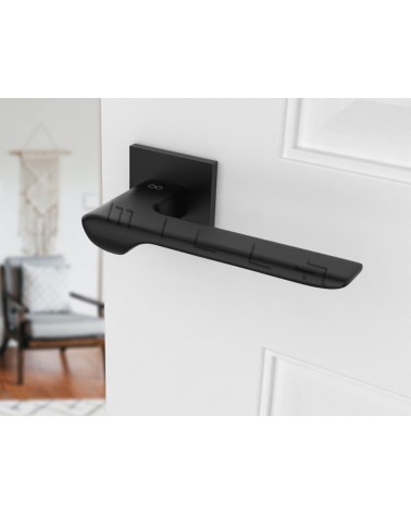 Black LIGNE design door handle angled view mounted on a door