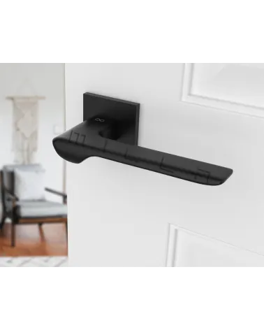 Black LIGNE design door handle angled view mounted on a door