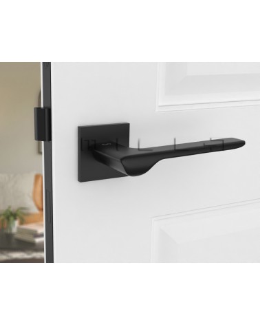Black LIGNE design door handle front view mounted on a door