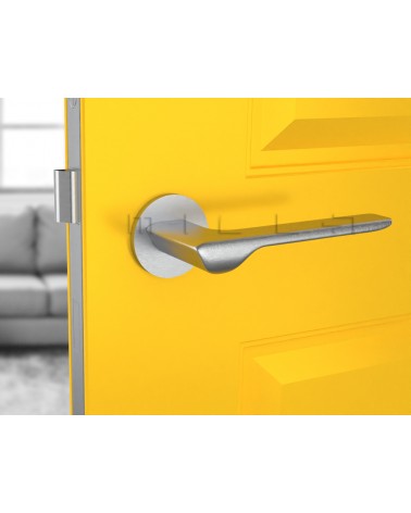 Brushed chrome LIGNE design door handle front view mounted on a door