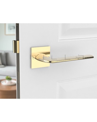 Gold STINGER door handle designer handle front view mounted on a door