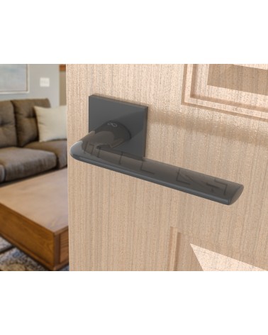 Titanium STINGER door handle designer handle angled view mounted on a door