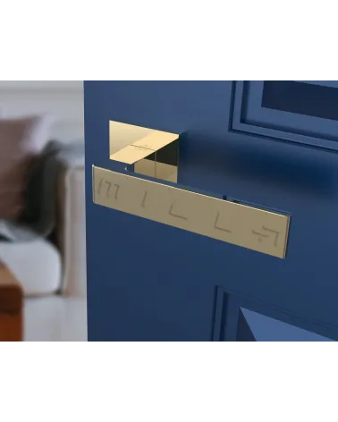 Polished gold Apollo door handle designer handle angled view mounted on a door