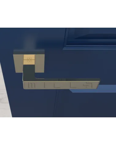 Polished gold Apollo door handle designer handle top view mounted on a door