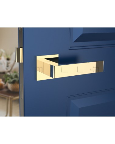 Polished gold Apollo door handle designer handle front view mounted on a door