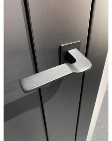 Polished chrome LINE BALI door handle design ironmongery mounted on a door