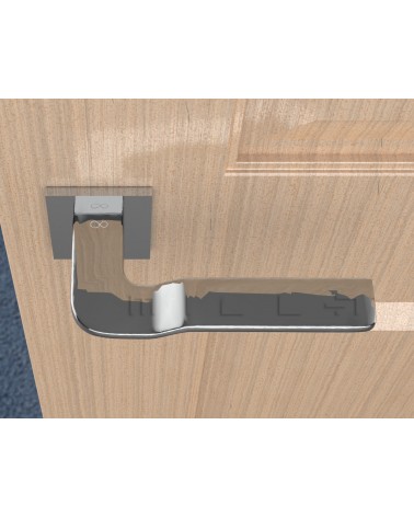 Polished chrome LINE BALI door handle design ironmongery top view mounted on a door
