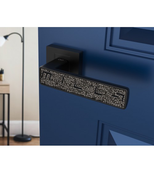 Black GLAMOUR door handle design ironmongery top view mounted on a door