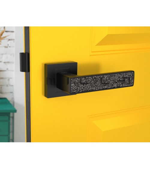 Black GLAMOUR door handle design ironmongery top view mounted on a door