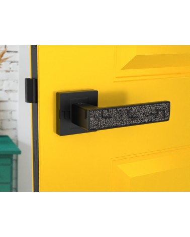 Black GLAMOUR door handle design ironmongery front view mounted on a door