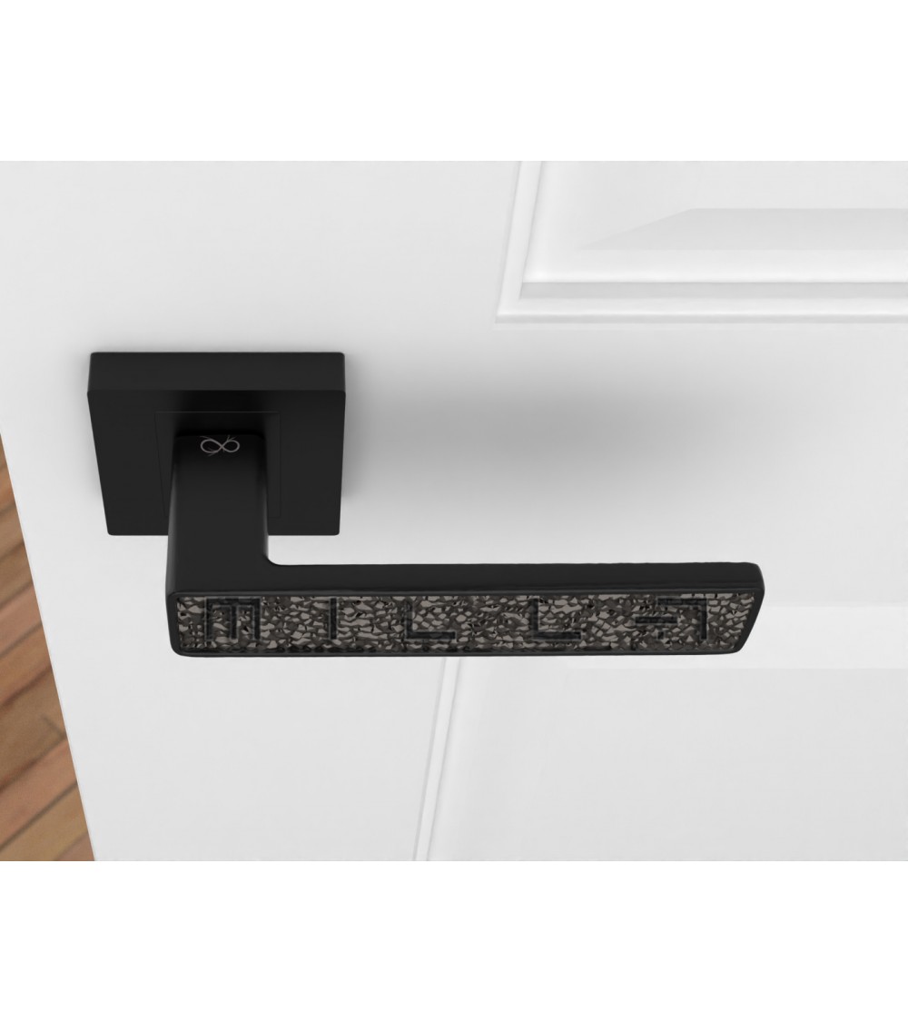 Black GLAMOUR door handle design ironmongery top view mounted on a door