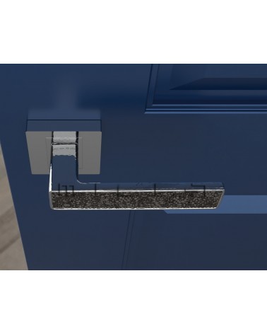 Polished chrome GLAMOUR door handle design ironmongery top view mounted on a door
