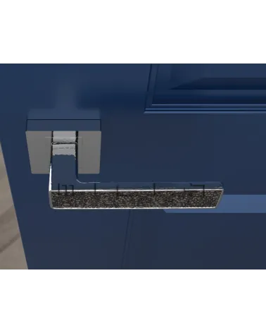 Polished chrome GLAMOUR door handle design ironmongery top view mounted on a door