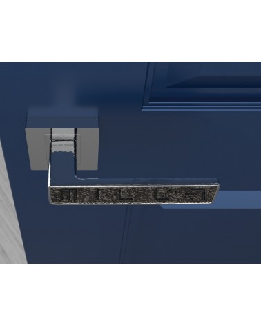 Polished chrome GLAMOUR door handle design ironmongery top view mounted on a door 1