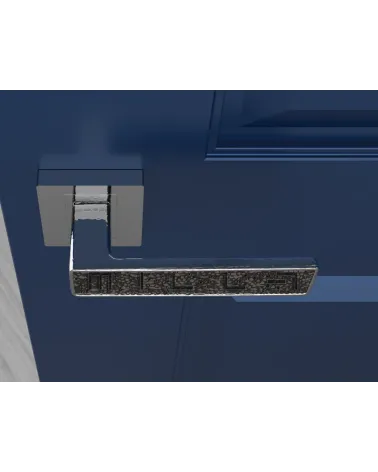 Polished chrome GLAMOUR door handle design ironmongery top view mounted on a door 1