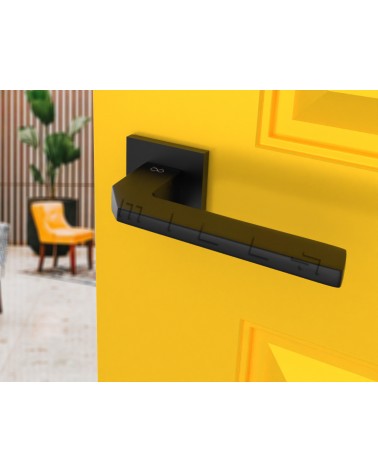 Black ETNA door handle designer hardware angled view mounted on a door