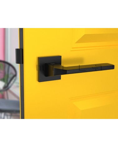 Black ETNA door handle designer hardware front view mounted on a door