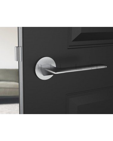 Brushed chrome Line GIULIA door handle design handle front view mounted on an open door