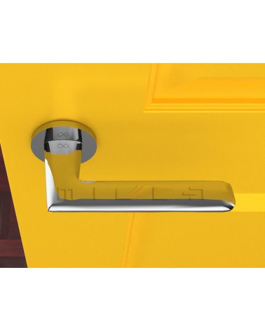 Polished chrome door handle Line GIULIA designer handle top view mounted on a door