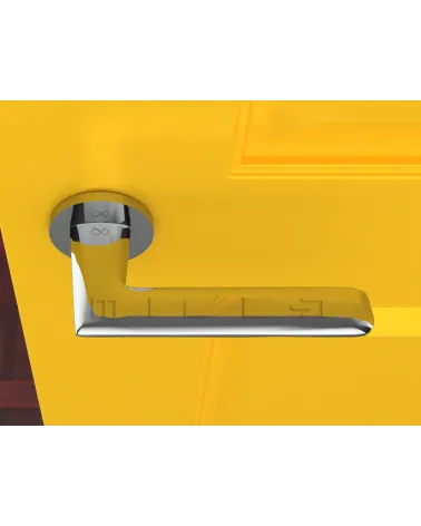 Polished chrome door handle Line GIULIA designer handle top view mounted on a door