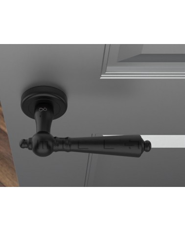 Black MILLENAIRE door handle design handle top view mounted on a door