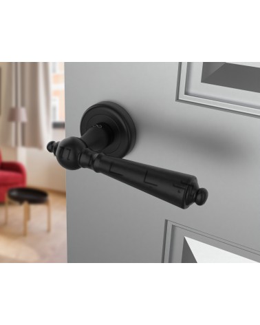 Black MILLENAIRE door handle design handle angled view mounted on a door