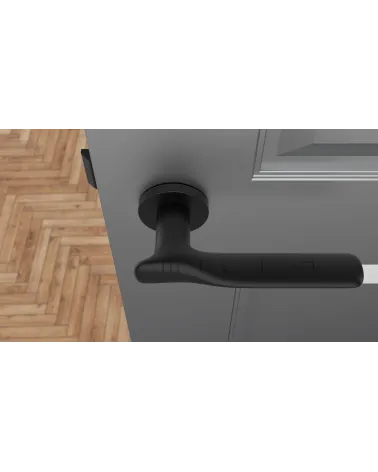 ORCHIDE round plate door handle design handle colour 1 top view mounted on a door