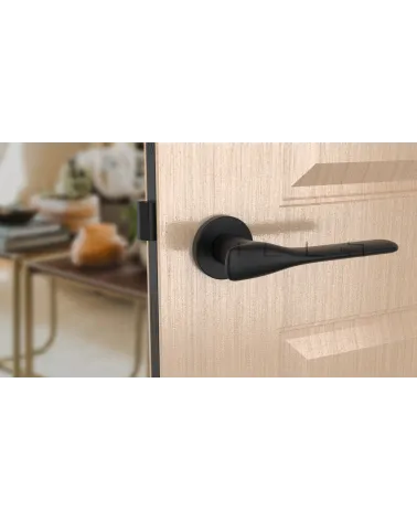ORCHIDE round plate door handle design handle colour 1 front view mounted on a door