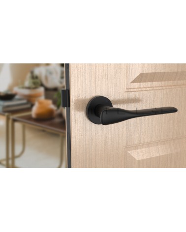 ORCHIDE round plate door handle design handle colour 1 front view mounted on a door