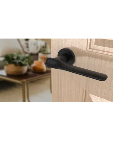 ORCHIDE round plate door handle design handle colour 1 angled top view mounted on a door