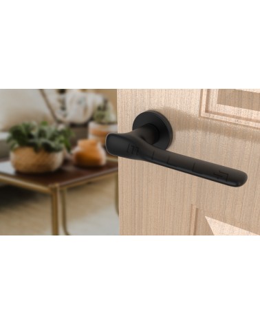 ORCHIDE round plate door handle design handle colour 1 angled top view mounted on a door