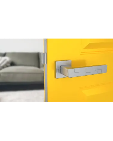 ERICA square plate door handle design ironmongery colour 2 front view mounted on a door
