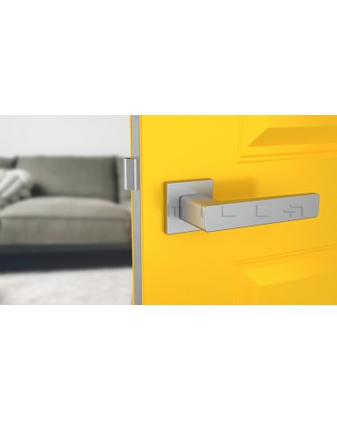 ERICA square plate door handle design ironmongery colour 2 front view mounted on a door