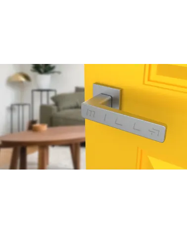 ERICA square plate door handle design ironmongery colour 2 angled top view mounted on a door