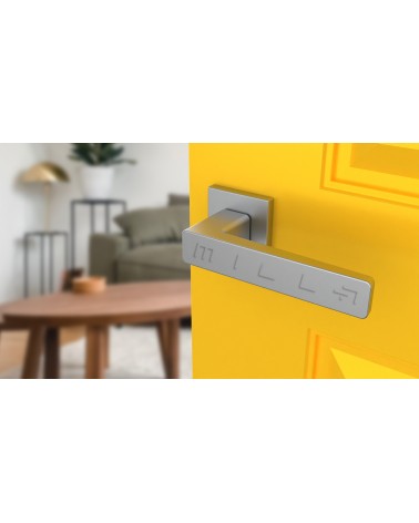 ERICA square plate door handle design ironmongery colour 2 angled top view mounted on a door