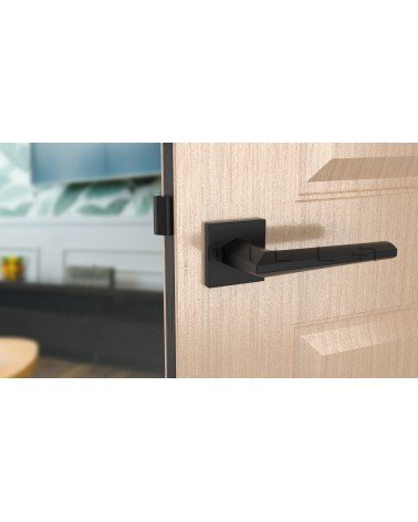 JASMINA square plate door handle design handle colour 2 front view mounted on a door