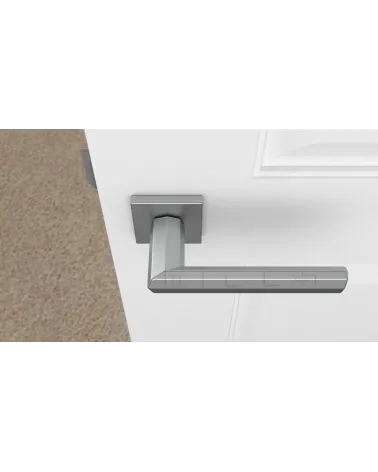 FRESIA square plate door handle design handle colour 1 top view mounted on a door