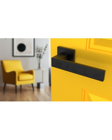 PINA square plate door handle design handle colour 2 angled top view mounted on a door