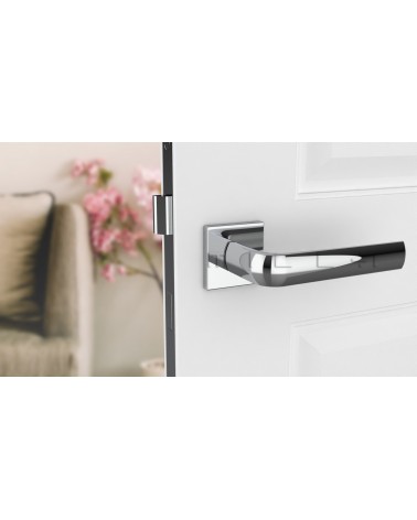 MELA square plate door handle designer ironmongery colour 1 front view mounted on a door