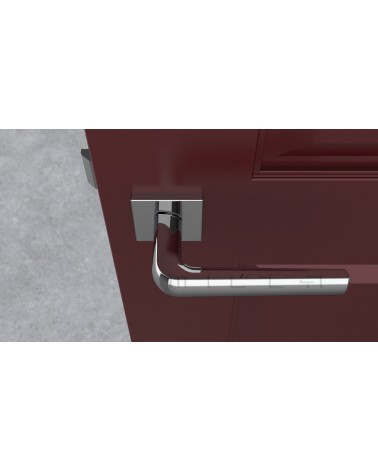 MELA square plate door handle designer ironmongery colour 1 top view mounted on a door