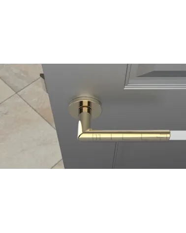 SILENA round plate door handle designer handle colour 3 angled top view mounted on a door
