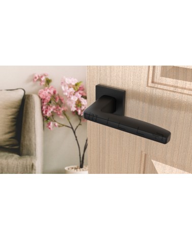 ERBA square plate door handle design handle tilted top view mounted on a door